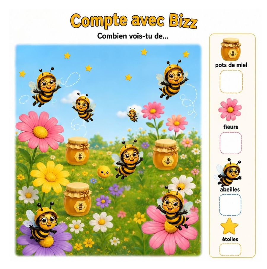 Jeu éducatif pour compter avec Bizz l'abeille, page de jeu du livre