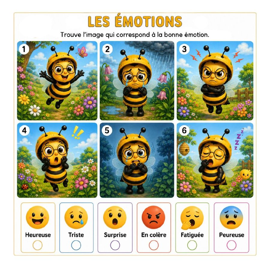 Jeu d'observation sur les émotions avec Bizz l'abeille, page de jeu du livre