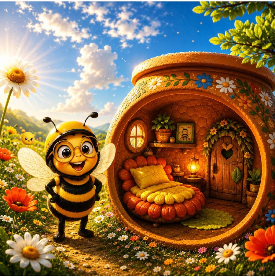 Bizz l'abeille en plein vol au-dessus des fleurs, illustration du livre