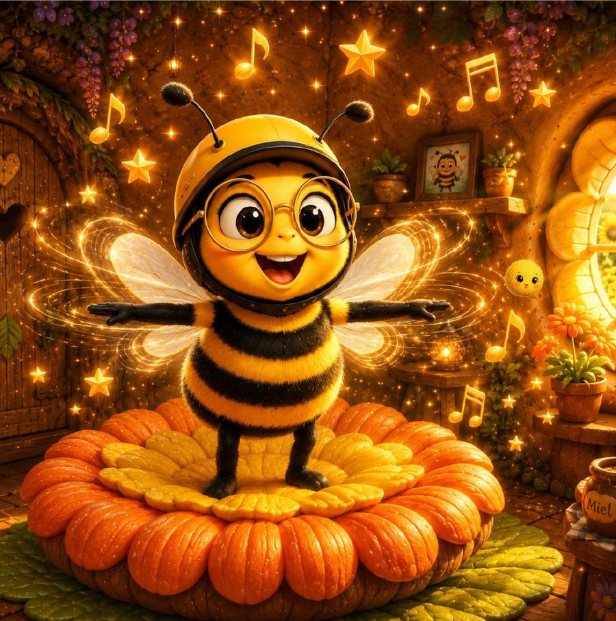 Illustration de Bizz l'abeille chantant dans sa ruche, page intérieure du livre