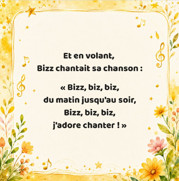 Page du livre : Bizz chante sa chanson en volant, extrait de texte illustré