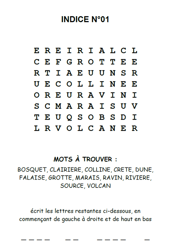 Exemple d'une grille de mots mêlés du cahier, Indice n°01, avec les mots à trouver liés à la préhistoire