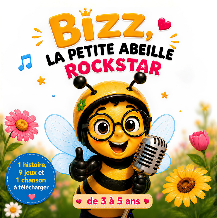 Couverture de Bizz la petite abeille rockstar, une abeille avec des lunettes et un micro