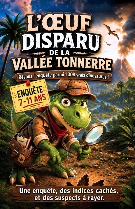 Couverture de L'œuf disparu de la vallée Tonnerre, un cahier de jeux d'enquête avec un dinosaure détective