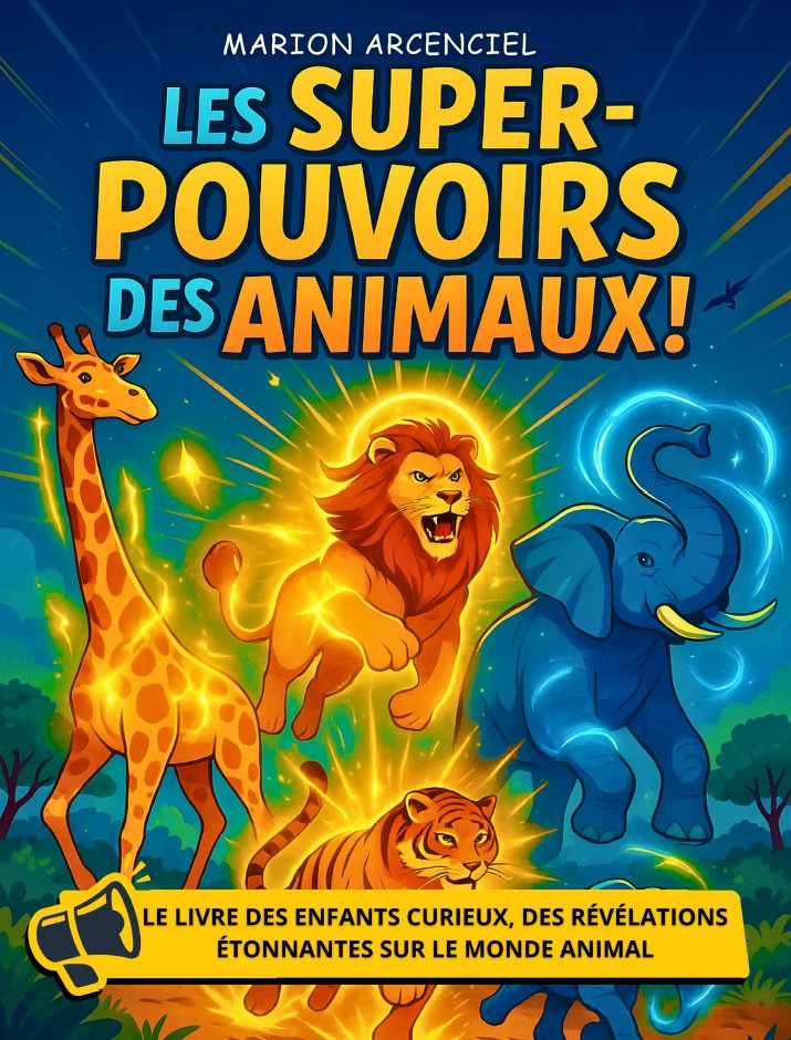 Couverture de Les super pouvoirs des animaux, avec un lion, un éléphant, une girafe et un tigre illuminés